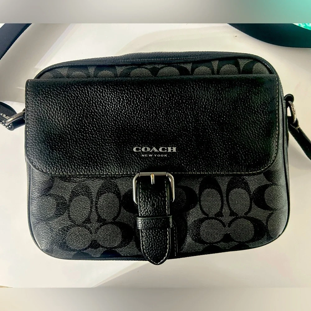 Coach Men's Black Charcoal Signature Canvas Flap Crossbody Bag. Hudson Model